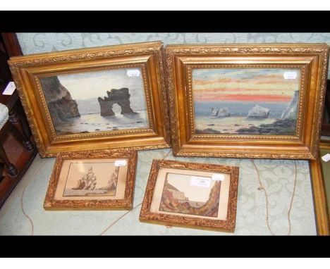 EDWARD DORE - two Isle of Wight sand pictures, together with a pair of oils by J ROLLE, Needles and Arch Rock