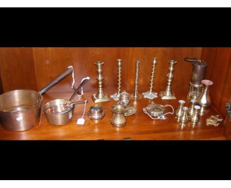 A quantity of metal ware, including Miner's lamp 