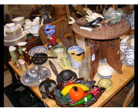 A generous lot of collectable ceramic, metal and glassware, alongside oriental carved fish, an oriental carved table and a ch