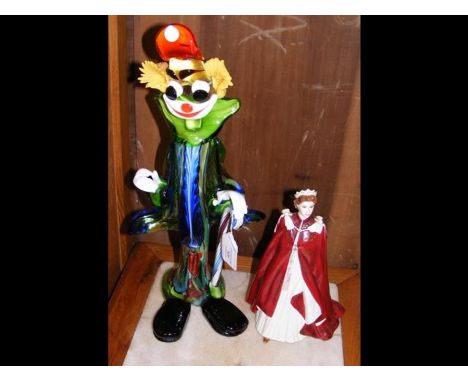 A Murano glass style Clown figure and Royal Worcester figure 'In Celebration of The Queen's 80th Birthday 2006' 