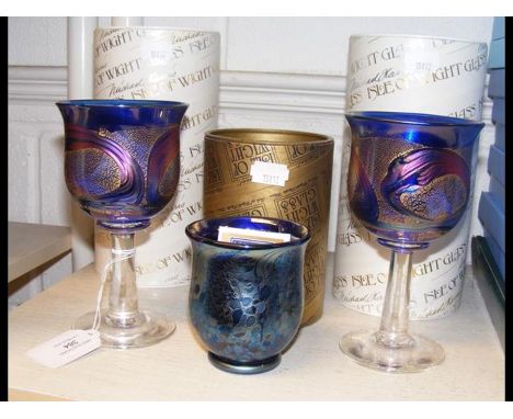 A pair of Isle of Wight Glass goblets, together with another item of Isle of Wight Glass 