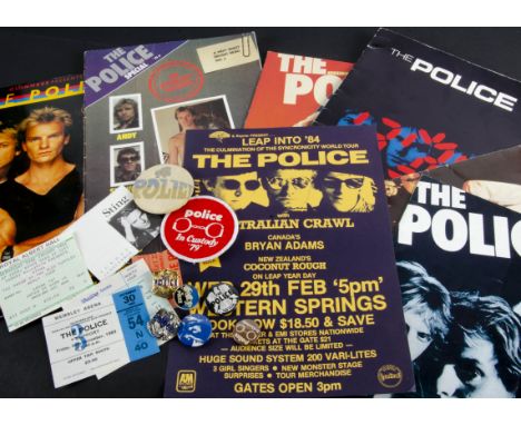 The Police Memorabilia, four gig programmes from the period 1979 to 1983, eight original badges and a cloth patch including “