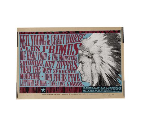Neil Young Poster, Numbered silkscreen poster signed by creators Gary Houston and Mike King for the 1997 HORDE Festival July 