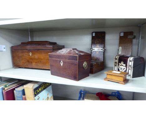 Five boxes: to include a William IV mahogany tea caddy with straight sides and a hinged lid, raised on turned feet  6''h  12.