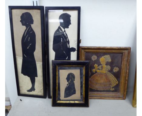 A pair of silhouettes, respectively featuring the standing profile study of a young man and a young woman, bearing the signat