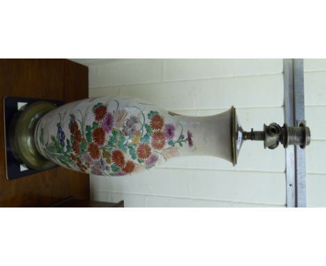 A mid 20thC Satsuma earthenware vase design table lamp with floral decorated and anodised steel fittings  24''h        CA