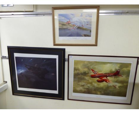 Framed pictures and prints: to include Weston - 'Grosvenor House, the de Havilland Comet of 1934'  coloured print  27'' x 19'