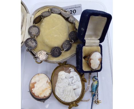 Items of personal ornament: to include a shell carved, oval cameo portrait brooch, in a white metal frame; and a silver 3d pi