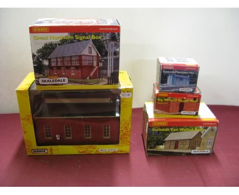 Five "OO" Scale Plastic Model Lineside Buildings, by Hornby, Scenix including Skaledale Great Northern Signal Box, Scenix #EM