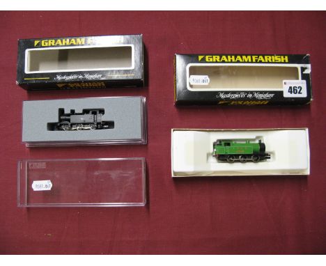 Two 'N' Gauge 0-6-0 Jinty Type Locomotives, by Graham Farish, one LNER, one BR, both with broken stacks.