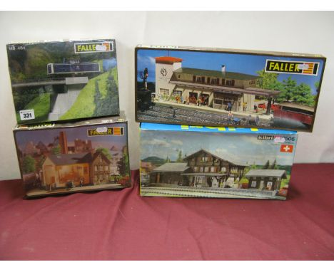 Four HO Scale Lineside Buildings and Accessories Plastic Model Kits, by Faller, Kibri, including Faller B-960 Brewery, boxed.