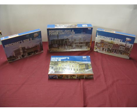 Four HO Scale Plastic Model Building Kits, by Walthers, including Merchants Row I II III Northern Light and Power Substation,