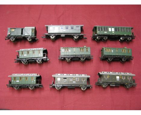 Nine "HO" Gauge Outline German Rolling Stock Items, by Fleischmann, all green (DR) (DB) liveries, unboxed.