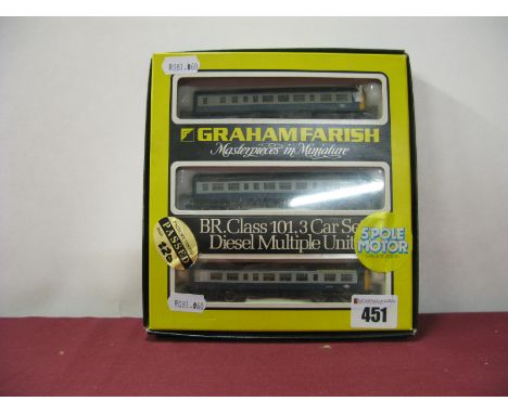 An 'N' Gauge Class 101 Three Car DMU, by Graham Farish, grey/blue finish, boxed.