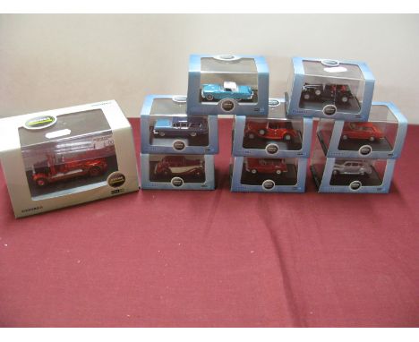 Nine 1:76th Scale Diecast Model Lineside Vehicles, by Oxford, including South Australia Leyland TLM Fire Engine, boxed.