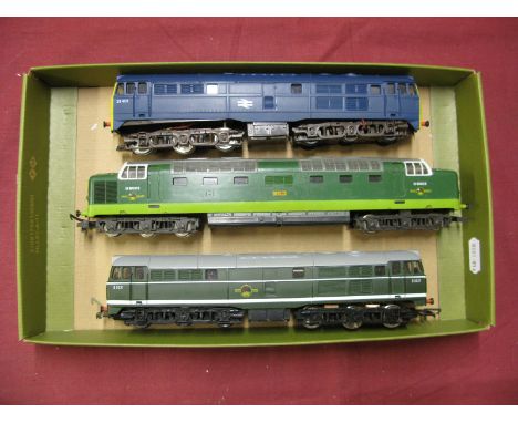 Three 'OO' Scale Diesel Outline Locomotives, an 'Airfix' class 31 blue, a Lima Deltic, and an 'Airfix class 31 (green), all p