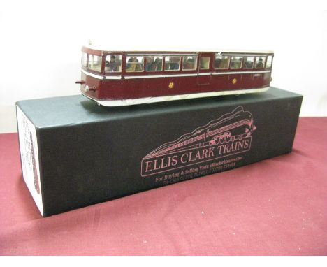 An 'O'/7mm Scale Model of a Four Wheel Leyland Rail Car, in LMS livery, based on a plastic kit with 12v motor.