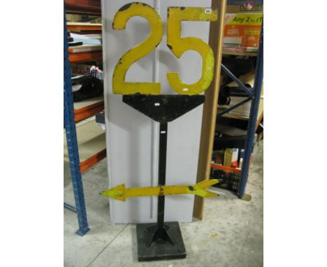 A Late XIX Century/Early XX Century Steel Railway Speed Indicator '25' With Arrow, attached to later base, 150cm high.