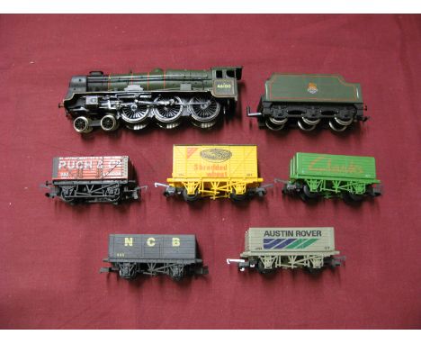 A 'OO' Scale Bachmann 4-6-0 'Royal Scot' with Mainline Tender, locomotive wheels painted plus five four wheel wagons.