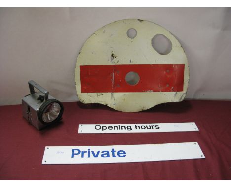 A Continental XX Century Circular Signal Flag, a BR Lamp and two modern door signs.