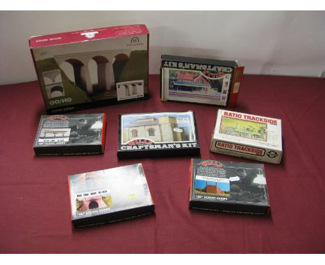 Seven "OO/HO" Scale Plastic Model Buildings and Lineside Accessories Kits, by Wills, Ratio including Wills #5580 Three Arch V