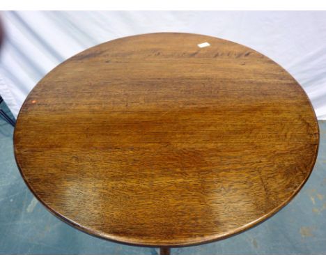 Oak tilt top circular table on tripod support, D: 76 cm, H: 78 cm, some light surface scratches, hinge is solid so is latch, 