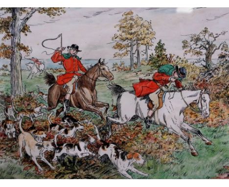 Richard Caldicott (B.1962): watercolour and pen on paper, hunting party with dogs, label verso, 18 x 23 cm. Not available for