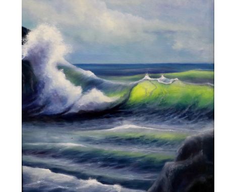 Framed oil on board of a seascape signed Bill Ribble 2014. Not available for in-house P&amp;P 