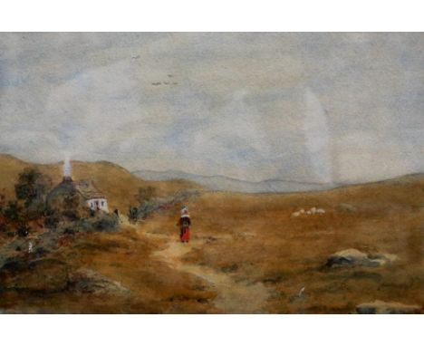 R T Minshull (Fl. 1866-1885) watercolour, lone figure on a country pathway, 17 x 23 cm. Not available for in-house P&amp;P 