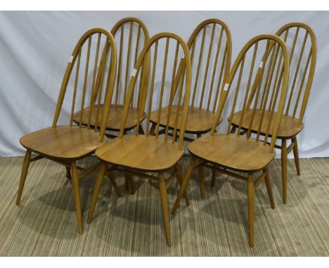 Set of six Ercol stickback dining chairs, seats of the chairs are not split, the back of one has a crack, some surface scratc