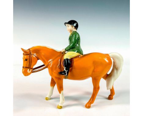 A glossy figure of a young man in green and yellow riding a tan and white horse, model no. 1500. Beswick backstamp. Artist: A