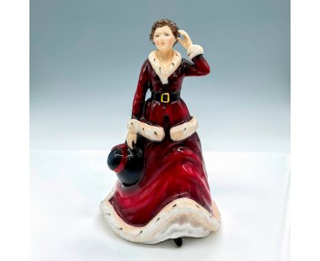 Bone china figure wearing red overcoat and gown lined with ermine fur, holding her matching hat in hand; HN3769. This Item Is