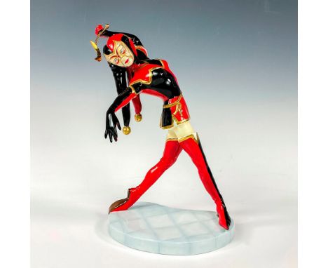 Prestige The Carnival Collection. Figural dressed in red, black, and gold masked woman with a two-tassel jester hat holding a