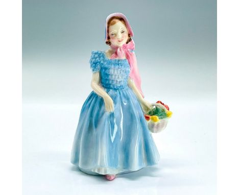 Porcelain figure of a young lady in a blue dress and bonnet with a pink scarf sash holding a basket. Royal Doulton backstamp.