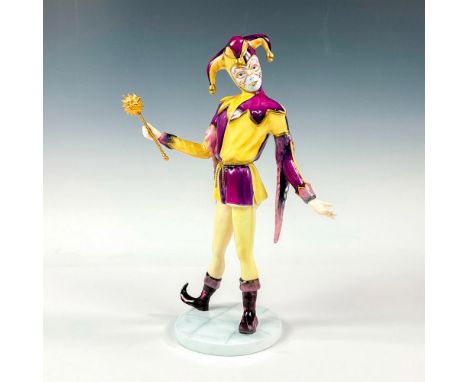 Modeled as a masquerade Jester in color variations of canary yellow, and purple; accented in 22-karat gilt. From the Prestige