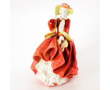 Unrecorded colorway with red dress, polychrome scarf, dark orange hat with blue bow. Unpainted face.Royal Doulton backstamp A