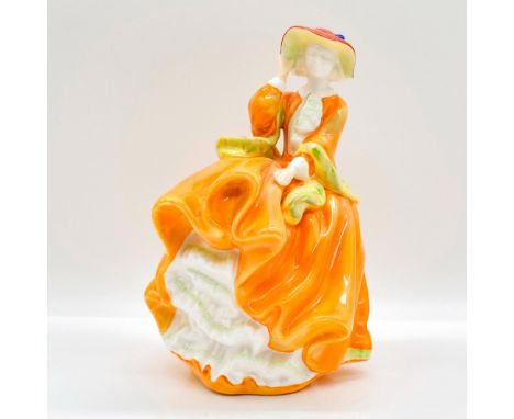 Bone China. Unrecorded colorway with light orange dress, green scarf, dark orange hat with blue bow. Unpainted face.Royal Dou