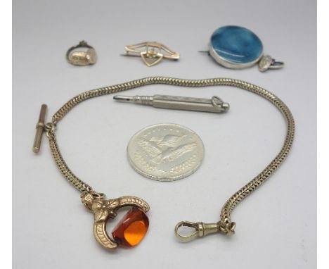 A silver mounted brooch, stone a/f, propelling pencil, fob and chain, etc.