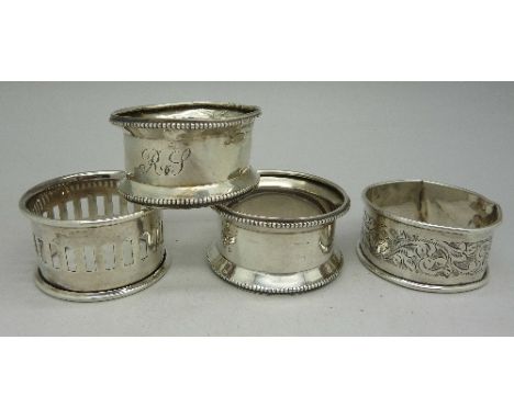 Three silver napkin rings, weight 31g and one plated napkin ring