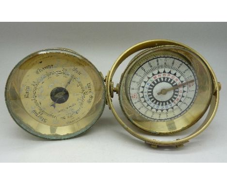 A brass barometer and a brass nautical instrument