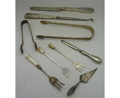 Silver including a pair of Georgian sugar nips, a button hook, forks, a knife and a miniature trowel, etc., weight 153g