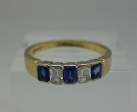 A mid-20th Century 18ct gold, diamond and sapphire five stone ring, approximate diamond weight 0.5ct and 0.75ct sapphire weig