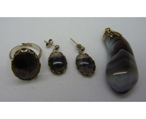 A silver and Blue John ring and earring set and an agate pendant