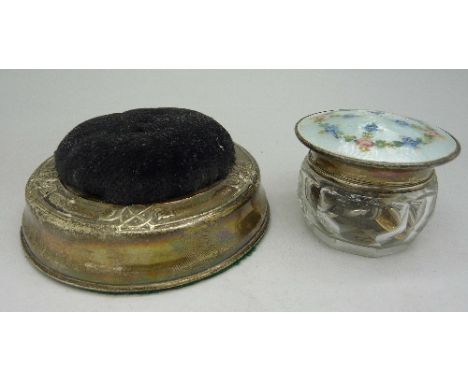 A silver and guilloche enamel pot and a silver pin cushion, enamel pot a/f