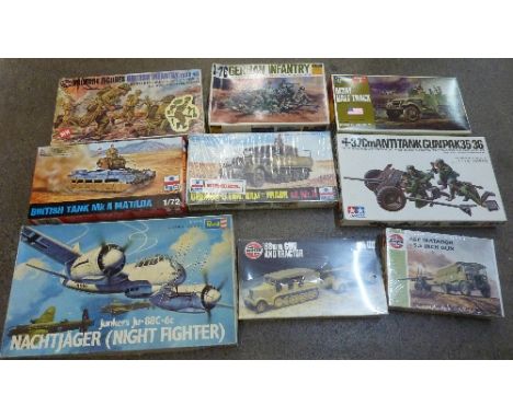 Nine military scale model kits, Airfix, Hasegawa, etc.