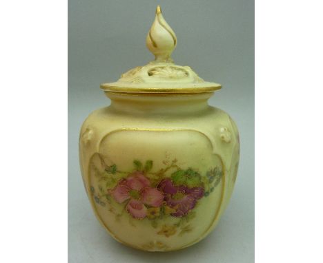 A Royal Worcester blush ivory lidded pot with four painted panels, printed mark to base, 162/H, height 13cm, lid restored