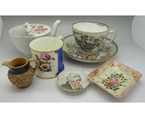 Six items of Victorian china; a Wedgwood Pearl cup and saucer, a pin dish with portrait of a Dutch girl, moustache cup, etc.,
