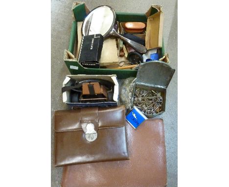 RAC, WWF and RSPB car badges, a tin of keys, a writing case, military baton, etc.