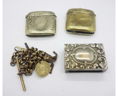 Two plated vesta cases, an Albert chain and a matchbox holder