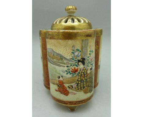 A Japanese Kutani Satsuma caddy, decorated with three panels with figures, foliage and gilt borders, three character mark to 